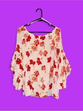 Fever Cream Off-Shoulder Tunic with Red Floral Print